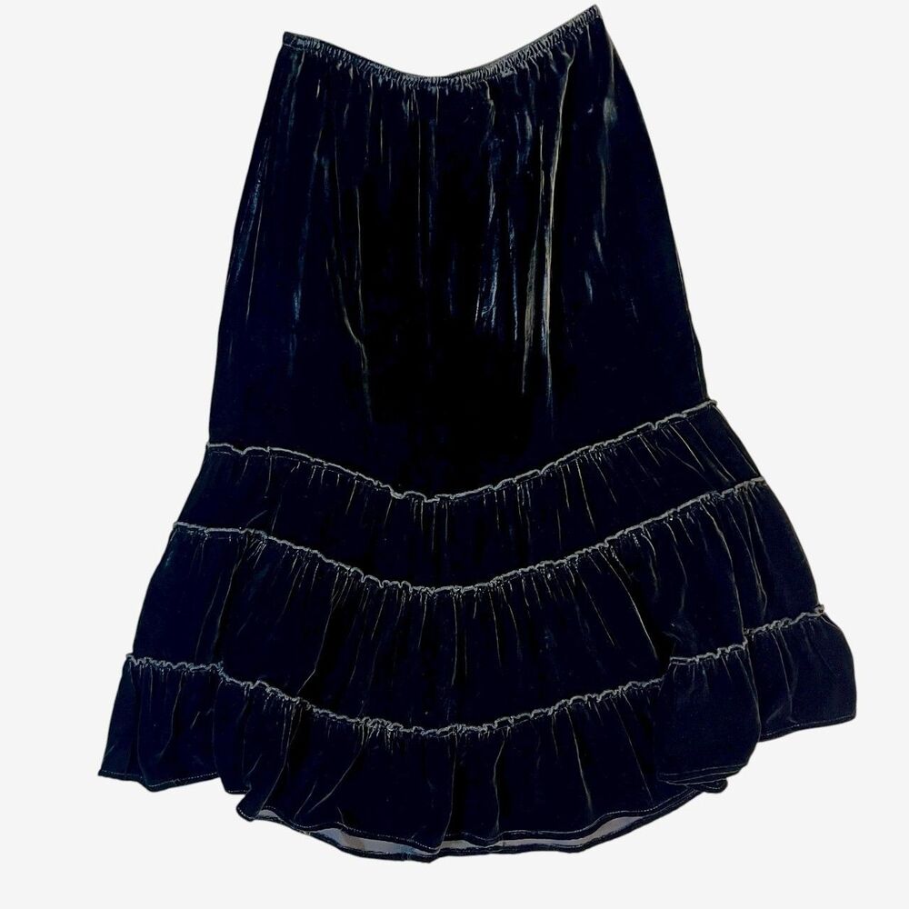 CHICO'S Rayon Silk Velvet Long Skirt tiered rufffle black Size Chicos 2 or M/L